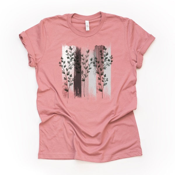 Unique Modern Brush Strokes with Mauve Flowers Design on premium Bella + Canvas unisex shirt, 3 color choices, plus sizes available