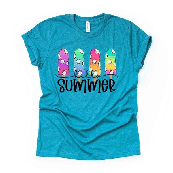Summer Tee, Hello Summer with Cute Popsicles Design on premium unisex shirt, 2 color choices, 3x Summer, 4x Summer, Plus