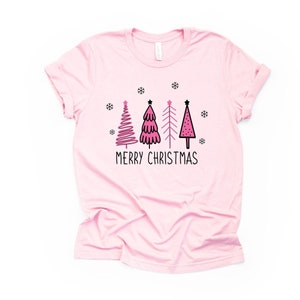 Christmas Tee, Fun Modern Pink Christmas, Pink Christmas Trees, Merry Design on premium unisex shirt, 6 color choices, 3x, 4x Christmas