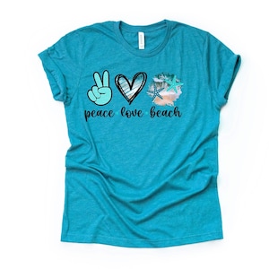 Beach Vacation Tee, PEACE LOVE BEACH, Love the Beach, Beach Vacation Design, premium unisex shirt, 3 color choices, 3x Beach, 4x Beach