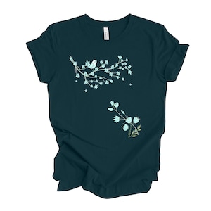 Spring Floral Tee, Beautiful Blue Flowers with Blue Bird Design on premium unisex shirt, 2 color choices, 2X, 3X, 4X, plus sizes available