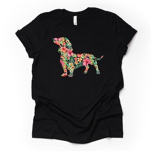 Dog Shirt, Super Cute Floral Dachshund, Floral Dog design on premium unisex shirt, 3 color choices, 2X, 3X, 4X, plus sizes available