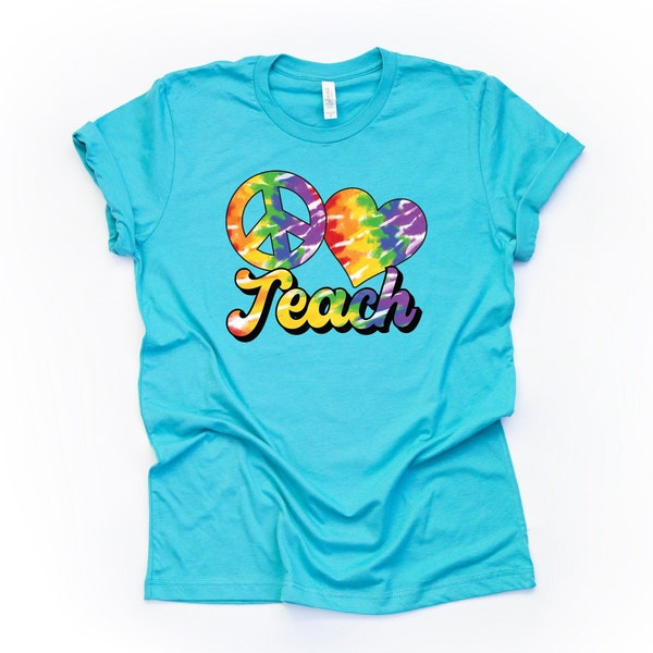 School Teacher Shirt, Peace, Love Teach Tie Dye Design on premium Bella + Canvas unisex shirt, 3 color choices, plus size