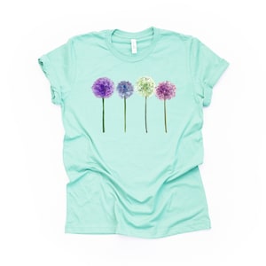 Spring Tee, Beautiful Springtime Allium Flowers Blooming on premium unisex shirt, 2 color choices, 2X, 3X, 4X, plus sizes available