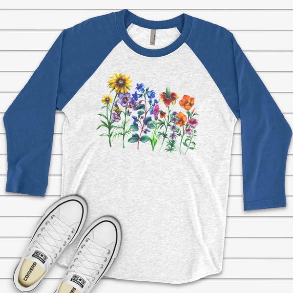 Beautiful Wildflowers, Field of Summer Wildflowers Design, premium Raglan 3/4 sleeve shirt, plus size, 2x flowers raglan, 3x flowers raglan