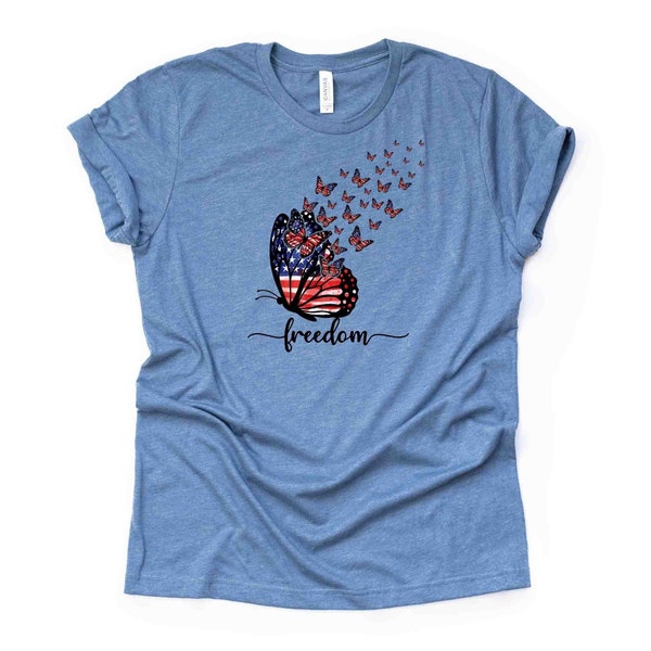 Pretty American Flag Butterflies with Freedom Design on premium unisex shirt, 3 color choices, 3x Patriotic, 4x Patriotic, Plus Sizes