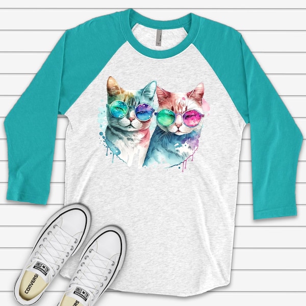 Cat Raglan, Super Cute Watercolor Cats, Cats with Sunglasses, Neon Cats Design on premium Raglan 3/4 sleeve shirt, plus size, 2X, 3X