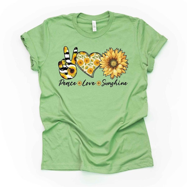 PEACE LOVE SUNSHINE, Pretty Sunflower with Sunshine and Heart Design, premium unisex shirt, 3 color choices, 3x love, 4x love, plus sizes