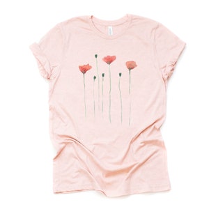 Watercolor Poppy Flowers Shirt, Modern Poppy Flowers Design on premium Bella Canvas unisex shirt, 3 color choices, plus sizes available Peach