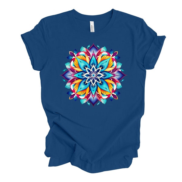 Colorful Mandala, Pretty Mandala, Rainbow Mandala Design on premium Bella + Canvas unisex shirt, 3 color choices, plus sizes available