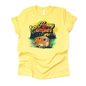 Camping and Hiking, Retro Camping Tee, 70s Look Happy Camper Design on premium Bella + Canvas unisex shirt, 3 color choices, plus sizes