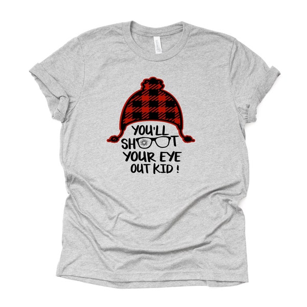 Christmas Tee, Christmas Story Movie, You'll Shoot Your Eye Out Kid Design, premium unisex shirt, 2 color choices, plus size available