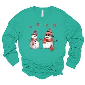 Christmas Long Sleeve, Cute Snowmen in the Snow, Snowman in Hat & Scarf Design, premium unisex long sleeve tee, 3x plus size long sleeve