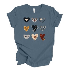 Heart Tee, Cute Boho Hearts in a Row Design on premium Bella + Canvas unisex shirt, 2 color choices, plus sizes available