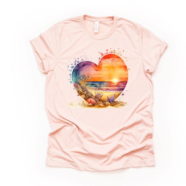 Beach Vacation Tee, Beautiful Watercolor Beach Sunset in Heart Design, premium unisex shirt, 3 color choices, 3x Beach, 4x Beach