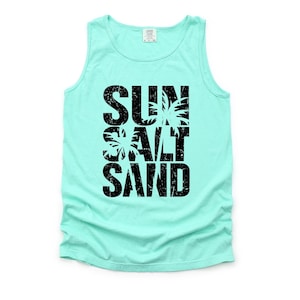 Summer Tank Top, SUN SALT SAND, Cute Beach Tank, Beach Vacation, Palm Trees Design, Garment Dyed Comfort Colors unisex tank top, 3x tank