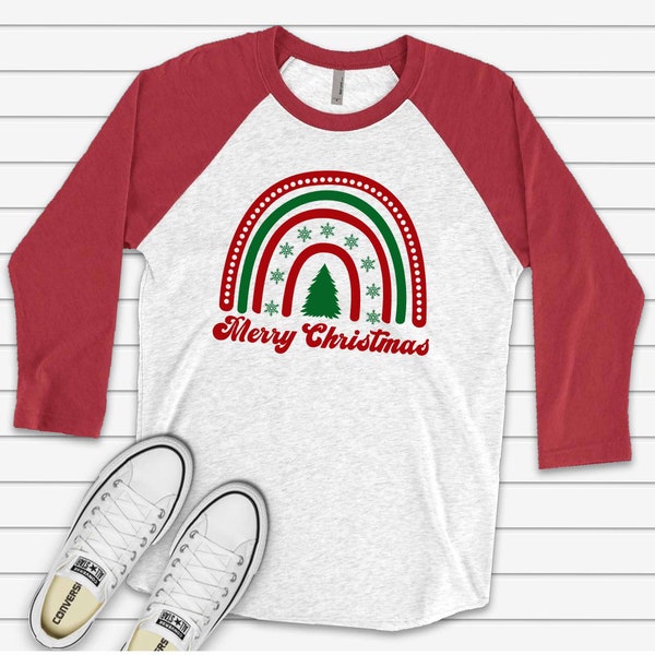 Christmas Raglan, Green and Red Retro Rainbow Christmas Design on premium Raglan 3/4 sleeve shirt, plus size, 2X, 3X