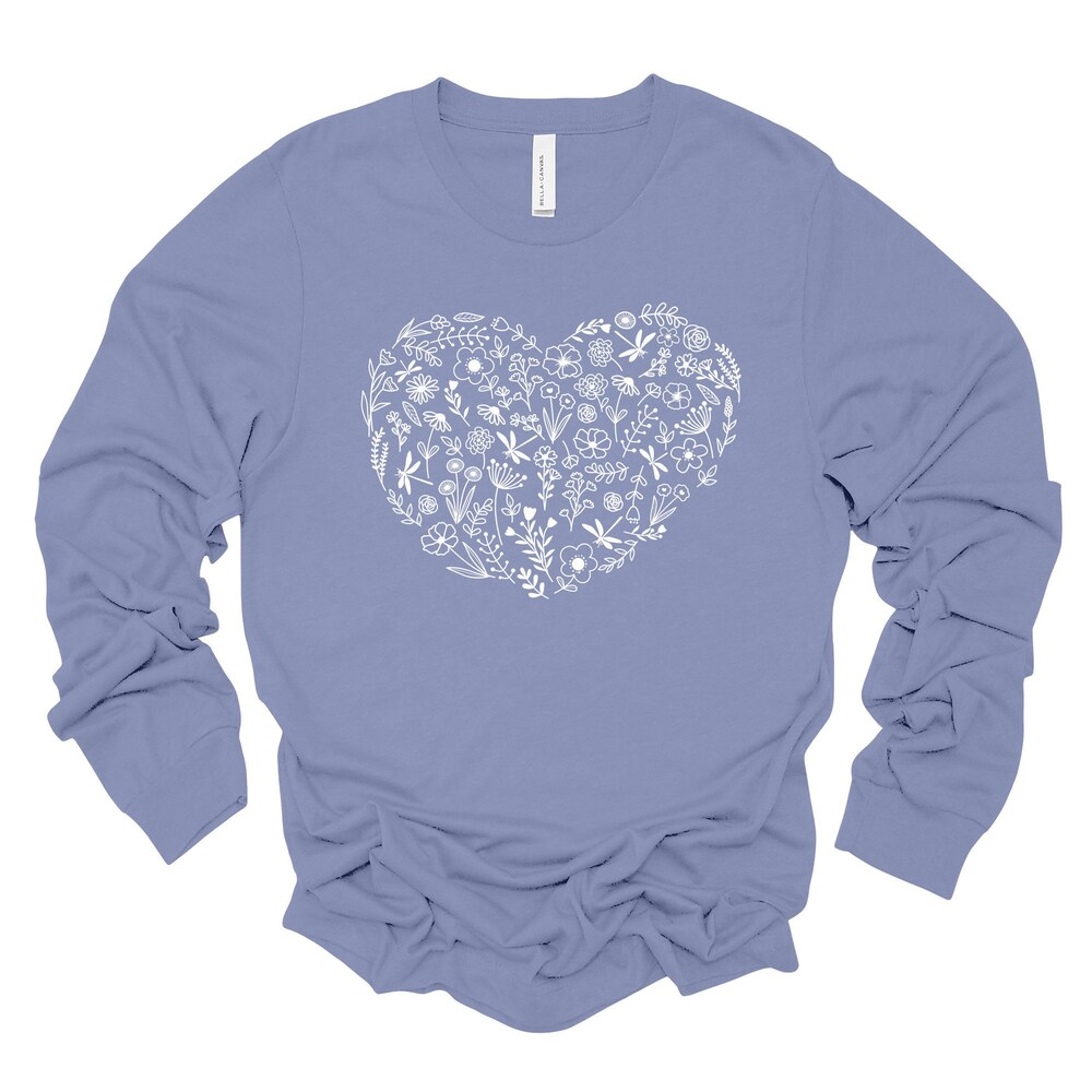 Floral Long Sleeve Tee, Pretty Flower Silhouettes In Heart, Floral Heart Design On Premium Unisex Long Sleeve Tee, 3X Plus Size Long Sleeve Teeplaza Design