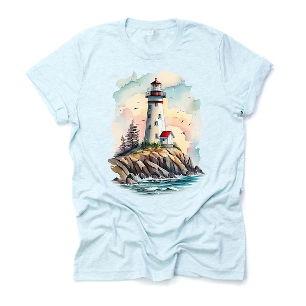 Lighthouse Tee, Watercolor Lighthouse Scene, Lighthouse & Ocean design, premium unisex shirt, 4 color choices, 3x Lighthouse, 4x Lighthouse