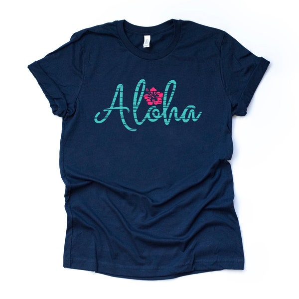 Beach Tee, Cute Aloha with Tropical Flower, Aloha Tropical Vacation Design on premium  unisex shirt, 3 color choices, plus sizes available