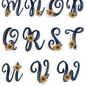 May include: A set of navy blue cursive letters with gold glitter and sunflower accents. The letters are M, N, O, P, Q, R, S, T, U, V, and W.