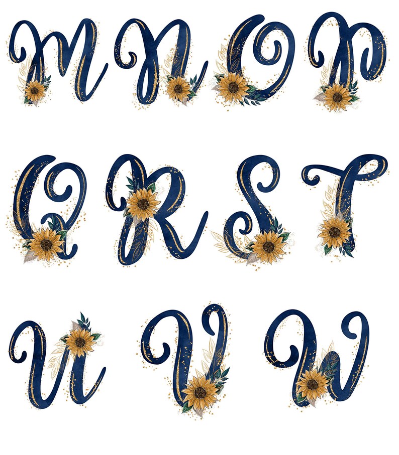 May include: A set of navy blue cursive letters with gold glitter and sunflower accents. The letters are M, N, O, P, Q, R, S, T, U, V, and W.