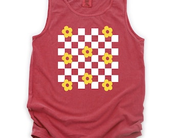 Boho Checkered Tank Top: Yellow Flowers, Garment Dyed Comfort Colors