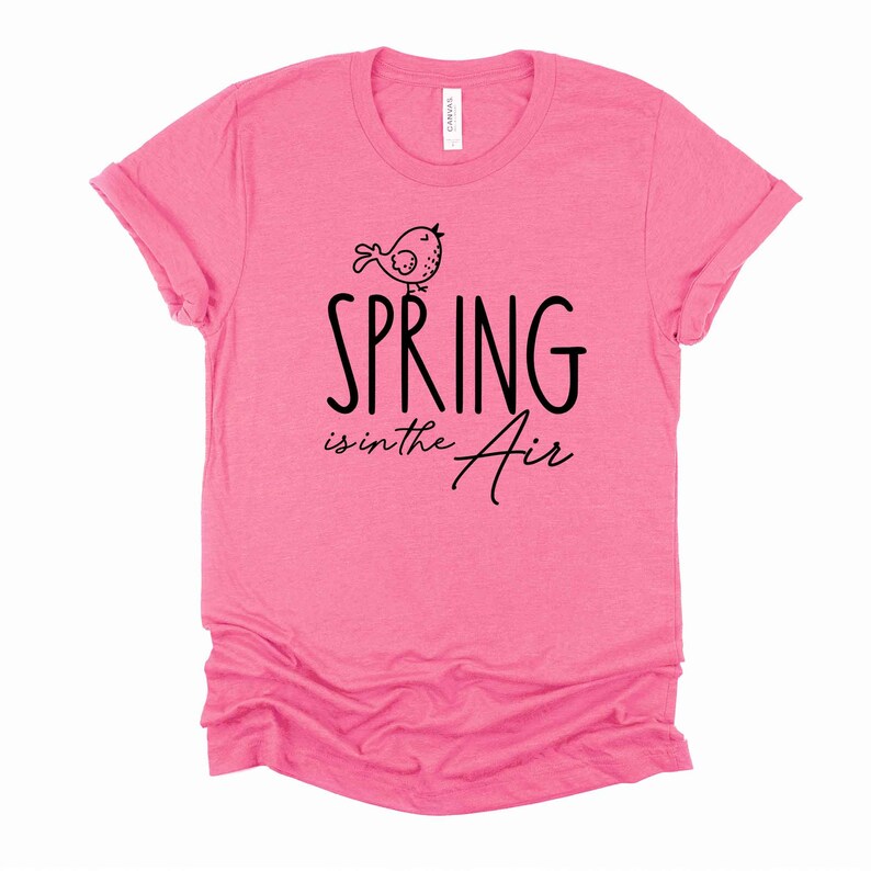 May include: Pink t-shirt with a black graphic of a bird and the text "SPRING is in the air".