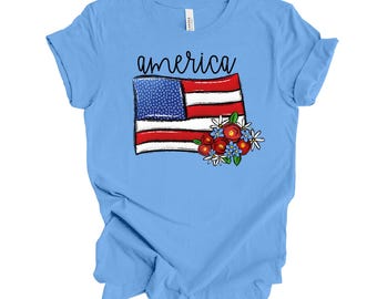 USA Flag Floral Tee - Patriotic Bella Canvas Shirt