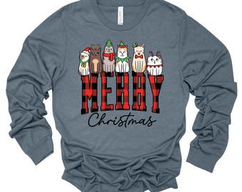 Camiseta de manga larga con estampado de gatos navideños: Diseño de cuadros rojos "Feliz Navidad"