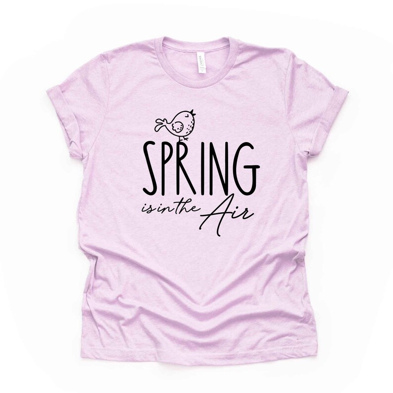 May include: A light purple t-shirt with a black graphic of a bird and the text "SPRING is in the Air".