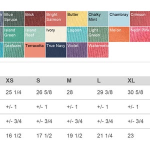 May include: A chart showing finished measurements for a t-shirt in sizes XS to 3XL. The chart includes measurements for body length, body length tolerance, chest tolerance, and chest width (laid flat). Measurements are in inches.