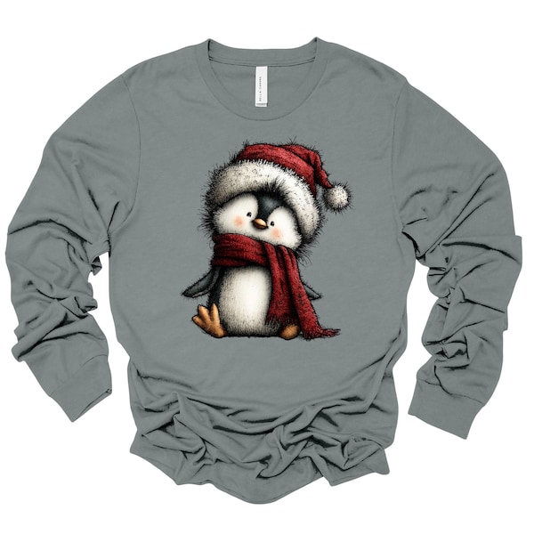 Christmas Penguin Long Sleeve Tee: Penguin in Santa Hat & Scarf Bella Canvas shirt