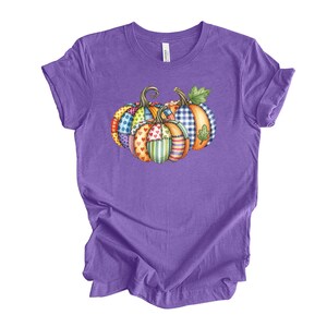 Pu&ograve; includere: T-shirt viola con un design di zucche colorate. Le zucche presentano vari motivi, tra cui pois, cuori e quadri. La maglietta &egrave; realizzata in materiale morbido ed &egrave; adatta per l'autunno.