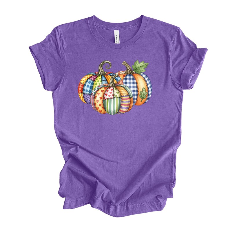 Pu&ograve; includere: T-shirt viola con un design di zucche colorate. Le zucche presentano vari motivi, tra cui pois, cuori e quadri. La maglietta &egrave; realizzata in materiale morbido ed &egrave; adatta per l'autunno.