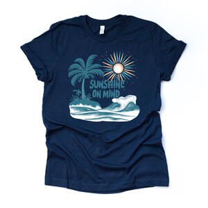 Summer Beach Tee: Sunshine Palm Tree Graphic, Unisex Shirt Navy