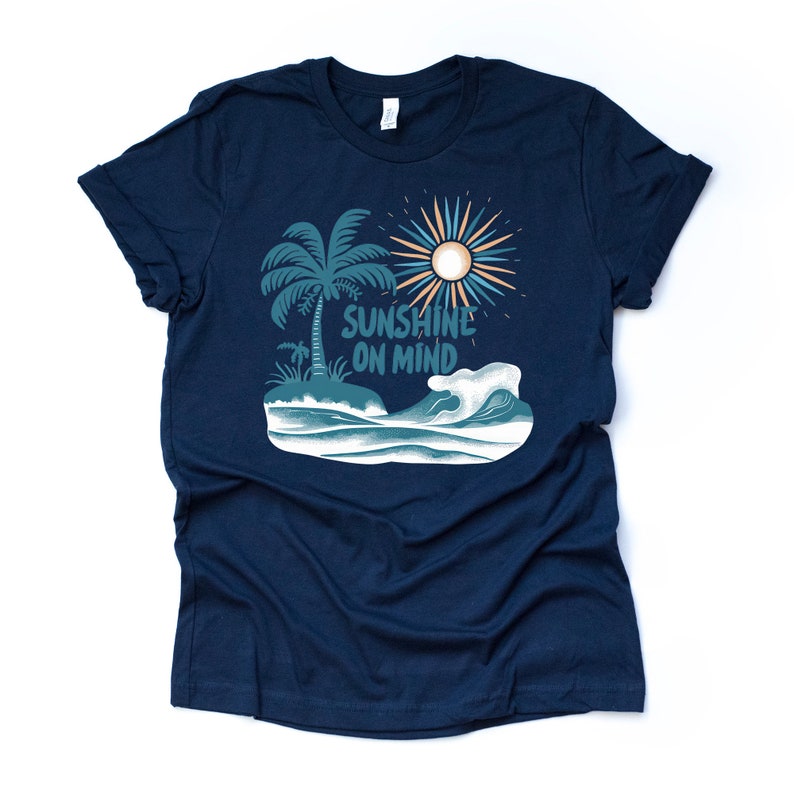 Summer Beach Tee: Sunshine Palm Tree Graphic, Unisex Shirt Navy