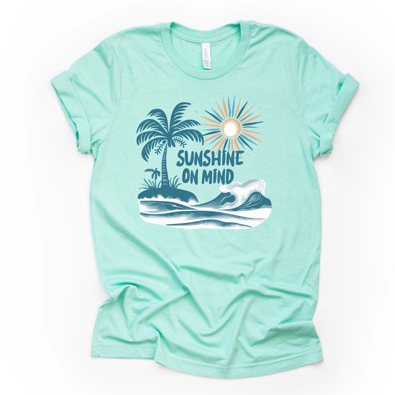 Summer Beach Tee: Sunshine Palm Tree Graphic, Unisex Shirt Mint