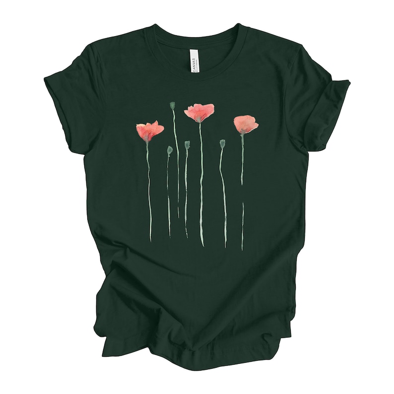 Watercolor Poppy Flowers Shirt, Modern Poppy Flowers Design on premium Bella Canvas unisex shirt, 3 color choices, plus sizes available Forest