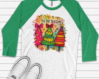 Preppy Christmas Trees Raglan: 'Tis The Season Modern Trees 3/4 Sleeves