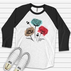 Floral Raglan, Simple Line Flowers with Watercolor Design, premium Raglan 3/4 sleeve shirt, plus size, 2x flowers raglan, 3x flowers raglan image 2