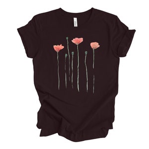 Watercolor Poppy Flowers Shirt, Modern Poppy Flowers Design on premium Bella Canvas unisex shirt, 3 color choices, plus sizes available Oxblood