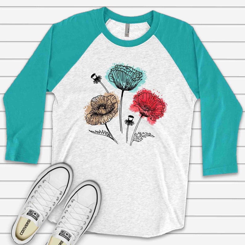 Floral Raglan, Simple Line Flowers with Watercolor Design, premium Raglan 3/4 sleeve shirt, plus size, 2x flowers raglan, 3x flowers raglan image 1