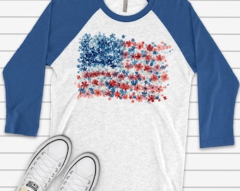 Chemise raglan floral drapeau américain : design patriotique des États-Unis