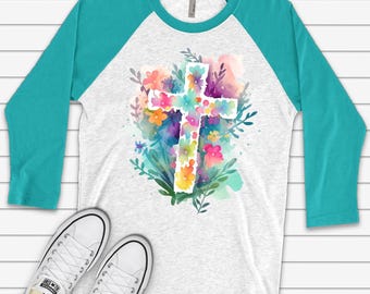 Watercolor Floral Cross Easter Raglan Shirt