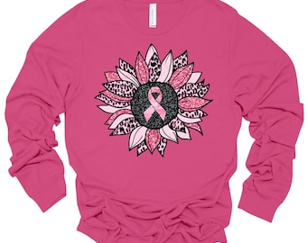 Camiseta unisex Bella Canvas con estampado de girasoles y leopardo rosa para concienciar sobre el cáncer de mama.