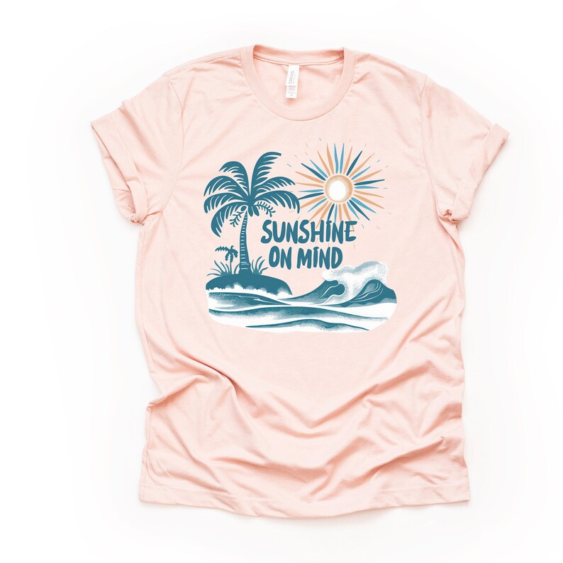 Summer Beach Tee: Sunshine Palm Tree Graphic, Unisex Shirt Peach