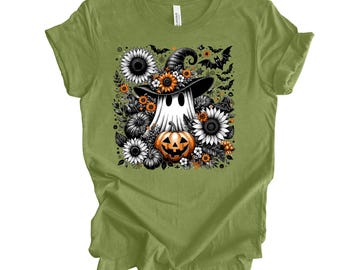 Ghost Halloween Shirt, Bats, Sunflowers, Unisex Bella Canvas shirt