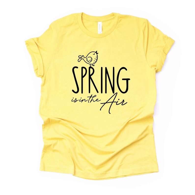 May include: Yellow t-shirt with a black graphic of a bird and the text "SPRING is in the Air".