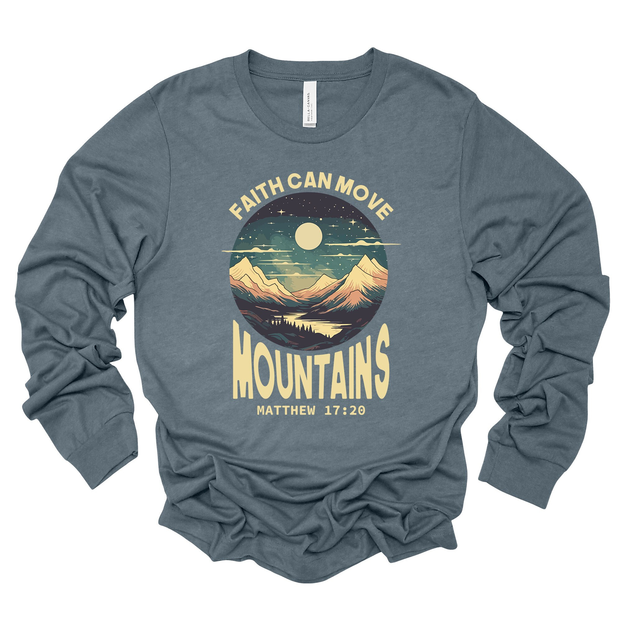 Christian Long Sleeve Tee, Faith Can Move Mountains, Watercolor Mountain Design on premium unisex long sleeve tee, 3x plus size long sleeve